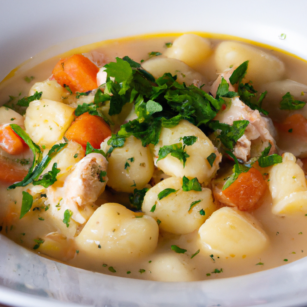 An image showcasing a steaming bowl of Slow Cooker Olive Garden Chicken Gnocchi Soup