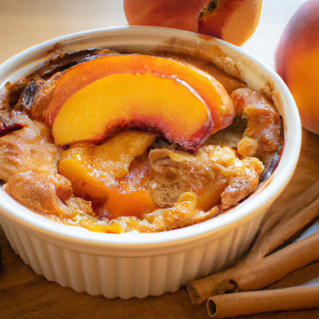 An image showcasing a luscious Slow Cooker Peach Cobbler: a golden-brown, crumbly crust adorning juicy peach slices, gently bubbling in a ceramic pot, surrounded by a warm cinnamon aroma