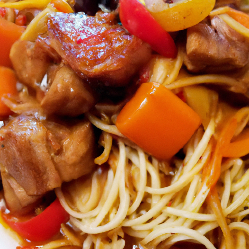 An image showcasing a steaming slow cooker filled with succulent slices of pork, vibrant vegetables like bell peppers, carrots, and mushrooms, all tossed in a savory sauce, and served over a bed of tender noodles