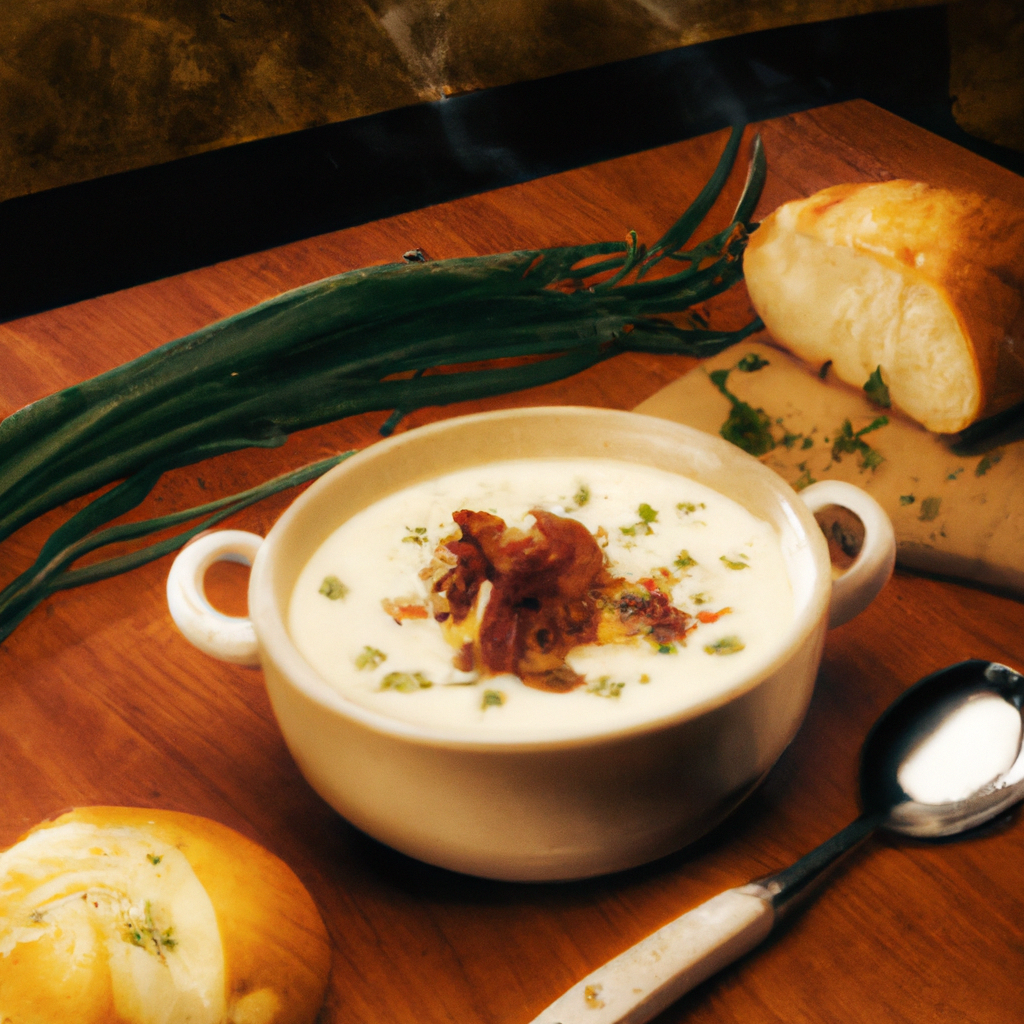 An image showcasing a steaming bowl of creamy Slow Cooker Potato Soup, adorned with crispy bacon bits, chives, and a dollop of sour cream, surrounded by a rustic bread loaf and a ladle