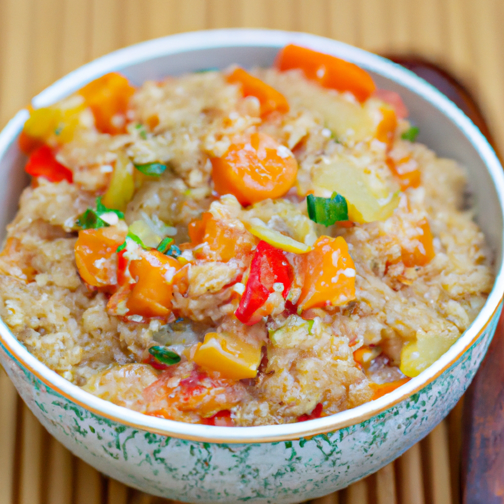 An image showcasing a vibrant slow cooker filled with fluffy quinoa, delicately seasoned with colorful vegetables, aromatic herbs, and tender chunks of protein, simmering in a rich, flavorful broth