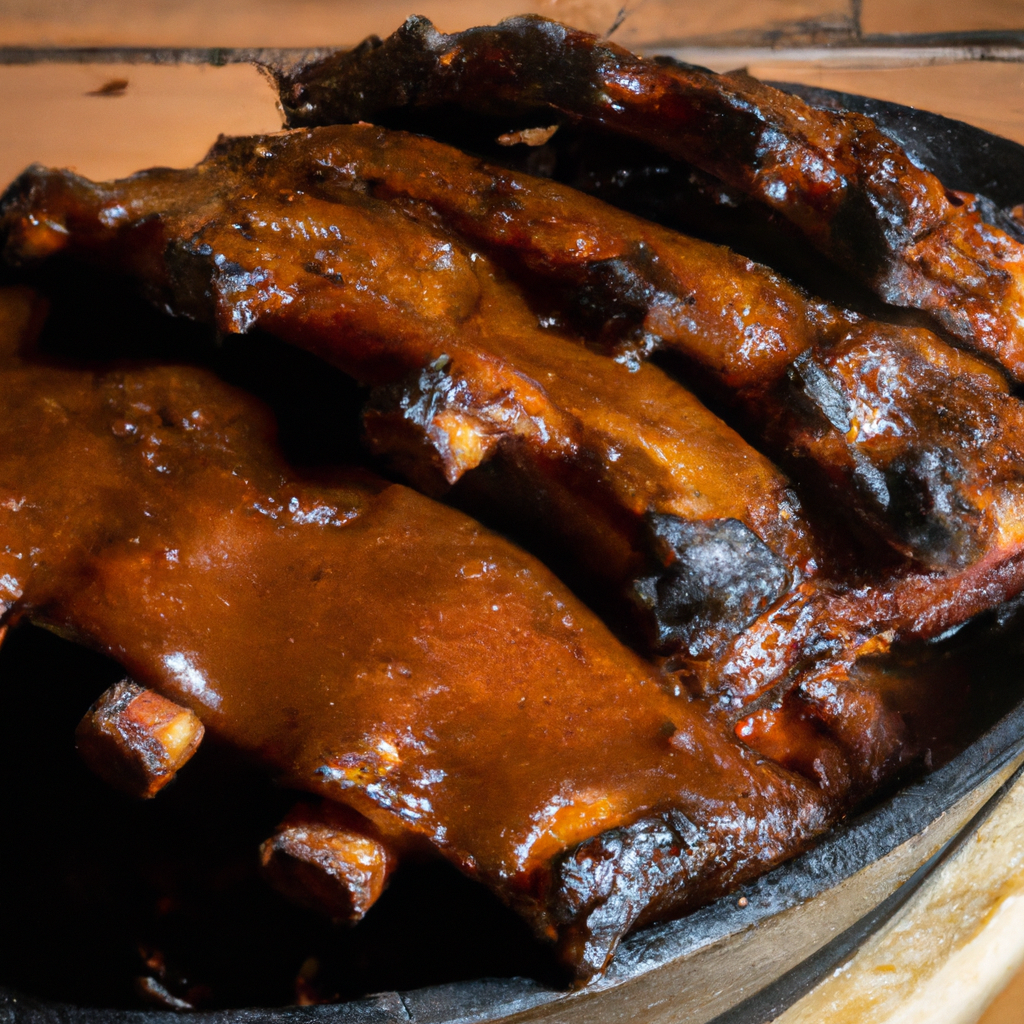 An image of succulent, fall-off-the-bone ribs, marinated in a tangy barbecue sauce, slowly simmering in a black ceramic slow cooker