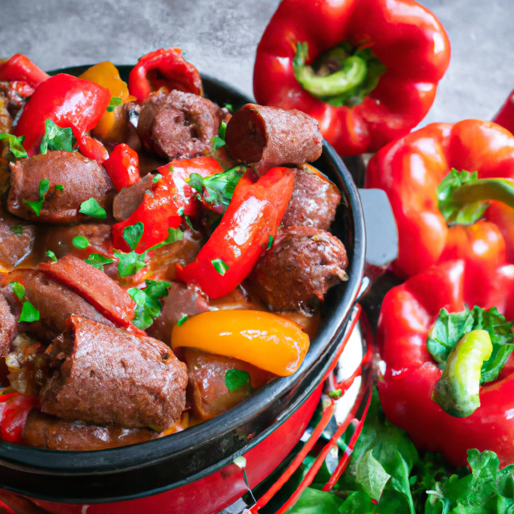 a mouthwatering scene of a rustic slow cooker filled to the brim with vibrant bell peppers, juicy sausages, and aromatic herbs, as the savory aroma wafts through the kitchen, promising a hearty and comforting meal