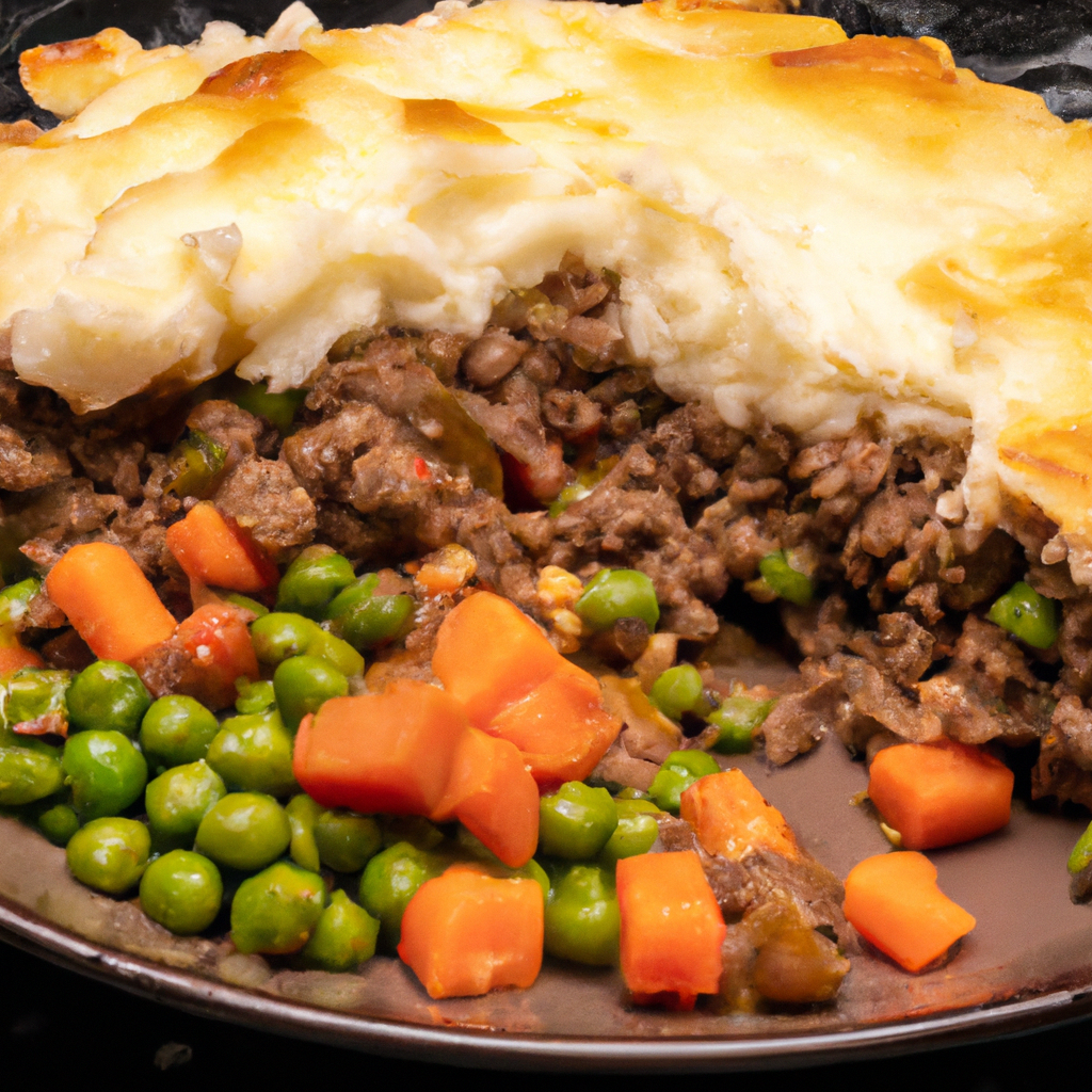 An image showcasing a hearty Slow Cooker Shepherd's Pie: a golden-brown layer of creamy mashed potatoes atop a medley of tender slow-cooked lamb, carrots, peas, and onions, all enveloped in a thick savory gravy