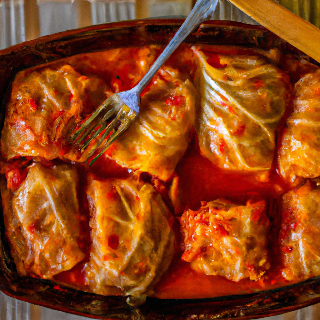 the essence of Slow Cooker Stuffed Cabbage Rolls with a vibrant image showcasing tender cabbage leaves enveloping a savory filling, simmering gently in a flavorful tomato sauce, all enhanced by a hint of aromatic herbs and spices