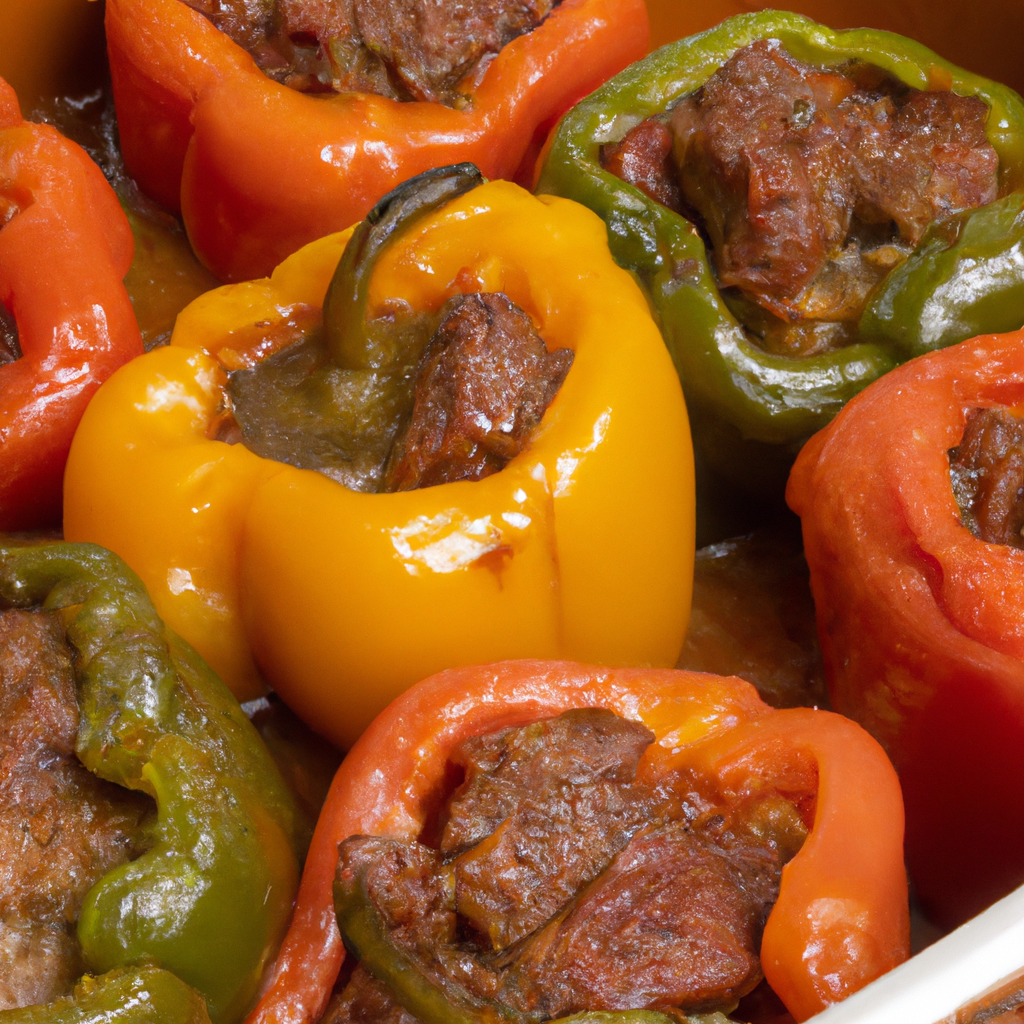 An image of vibrant, bell peppers stuffed with a flavorful medley of tender ground beef, aromatic onions, and diced tomatoes, gently simmering in a slow cooker, emitting a mouthwatering aroma