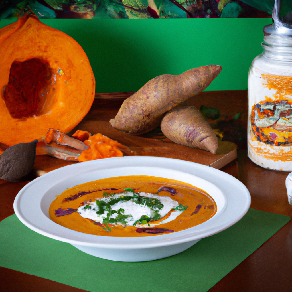 An image showcasing a rustic, white slow cooker filled with creamy sweet potato soup, garnished with a swirl of rich coconut cream and a sprinkle of fragrant chopped cilantro
