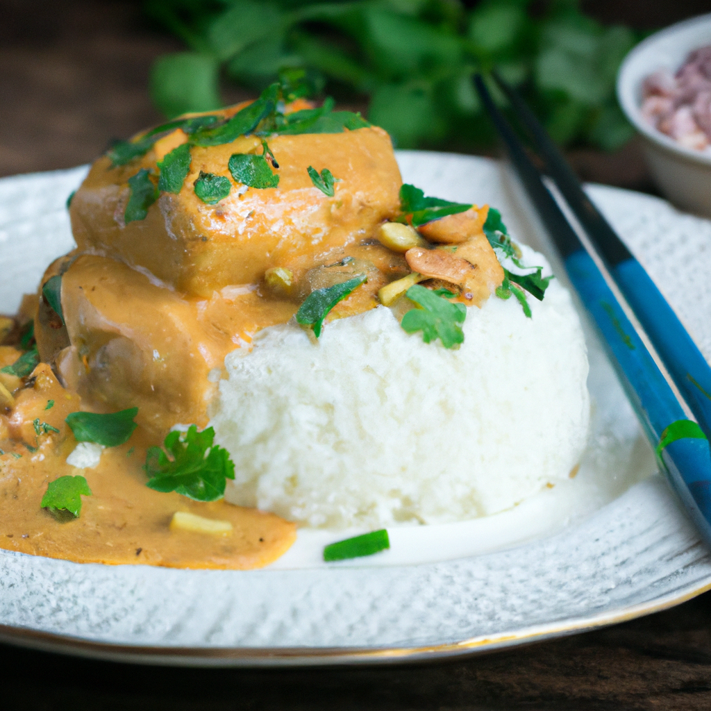 An image capturing the tantalizing aroma of Slow Cooker Thai Peanut Chicken: succulent chicken thighs, bathed in a rich and creamy peanut sauce, adorned with vibrant cilantro leaves, and served alongside a bed of fluffy jasmine rice
