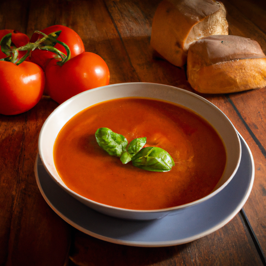 An image that showcases a steaming bowl of Slow Cooker Tomato Basil Soup, with vibrant red tomatoes simmering in a rich broth, adorned with fresh basil leaves, and accompanied by a crusty bread loaf on a rustic wooden table