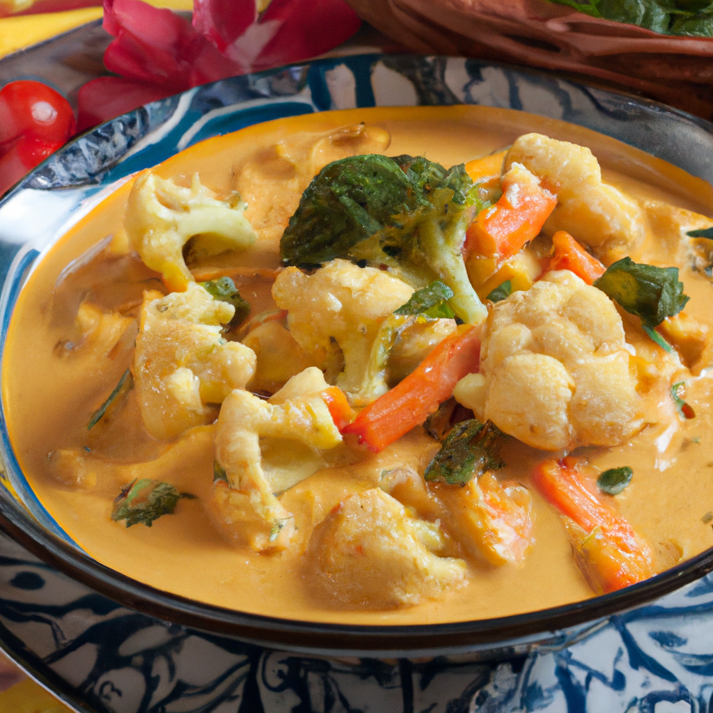 An image of a vibrant slow cooker vegetable curry, featuring a colorful medley of tender cauliflower florets, crunchy bell peppers, and creamy chickpeas, all simmering in a rich, aromatic curry sauce