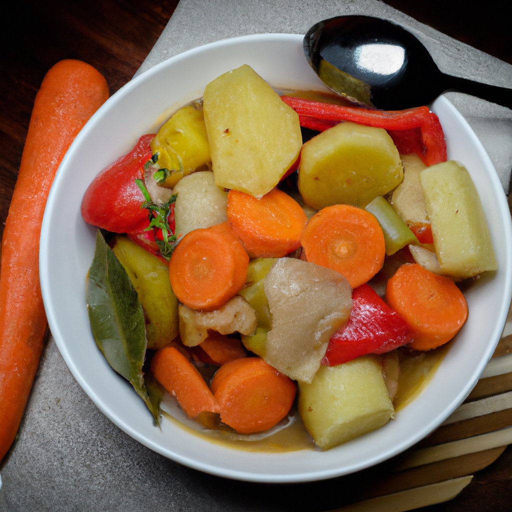 An image showcasing a warm, inviting slow cooker filled to the brim with vibrant, colorful vegetables like carrots, celery, bell peppers, and potatoes, simmering in a rich, aromatic broth