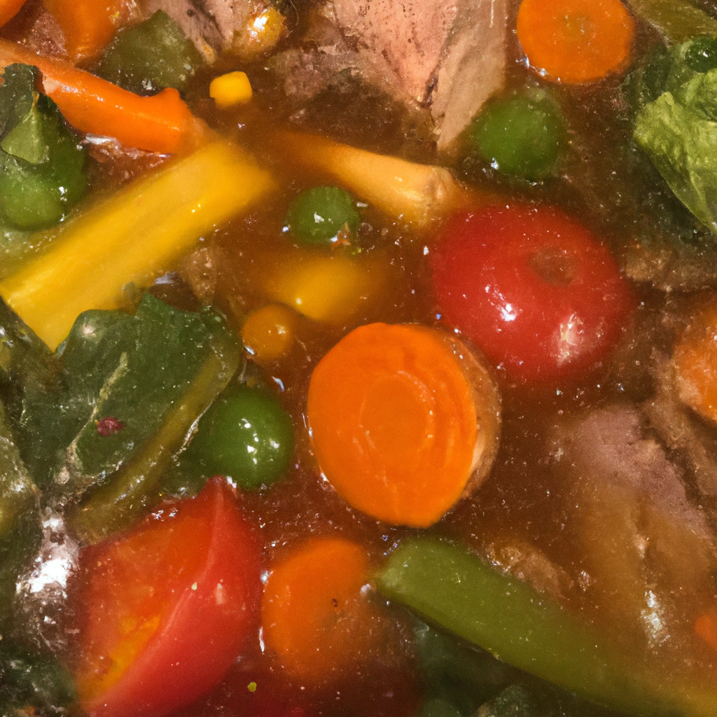 the essence of comfort and nourishment in an image of a bubbling slow cooker filled to the brim with vibrant, colorful vegetables immersed in a rich, aromatic broth, creating a feast for the eyes