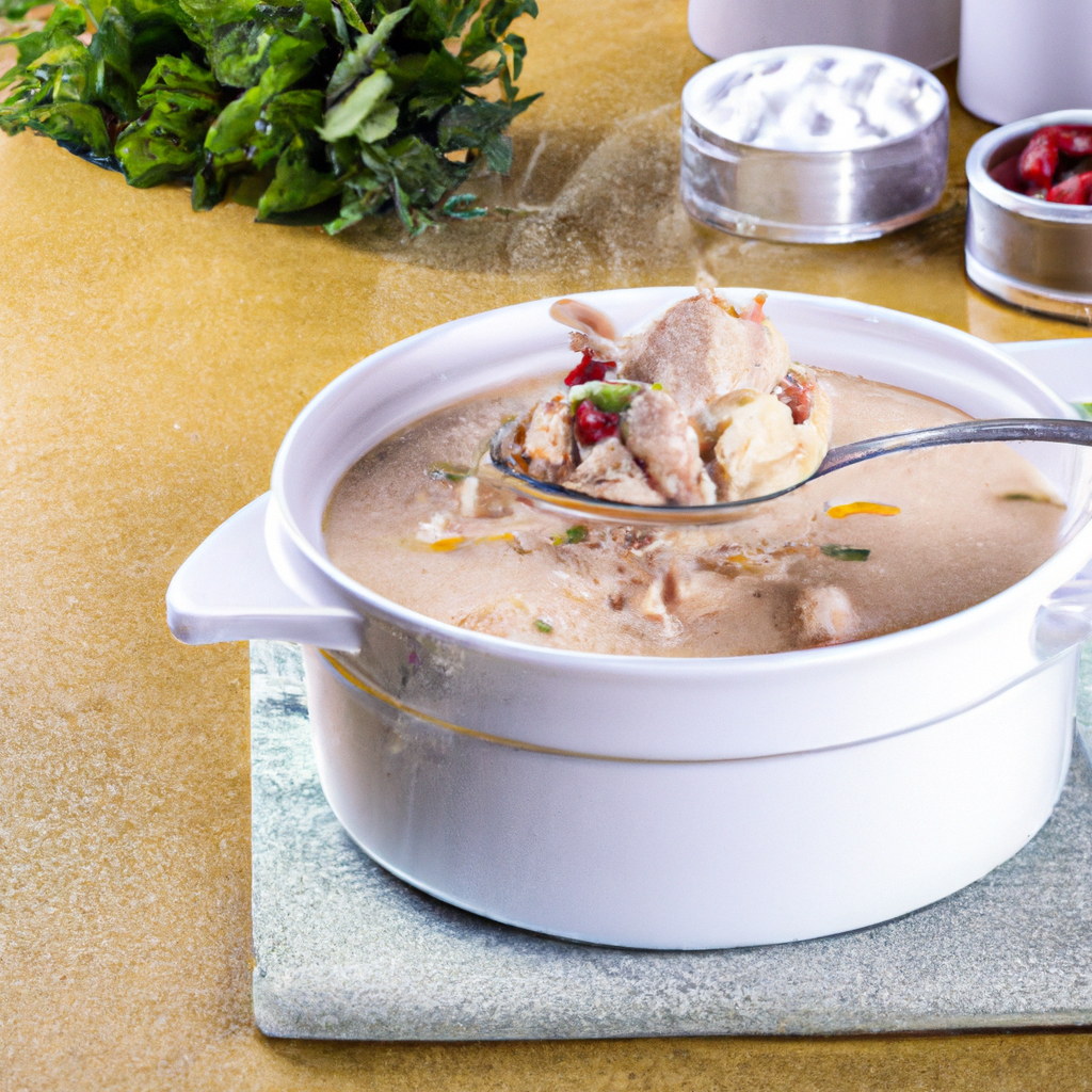 An image showcasing a warm, inviting kitchen countertop with a simmering slow cooker filled with creamy white chicken chili
