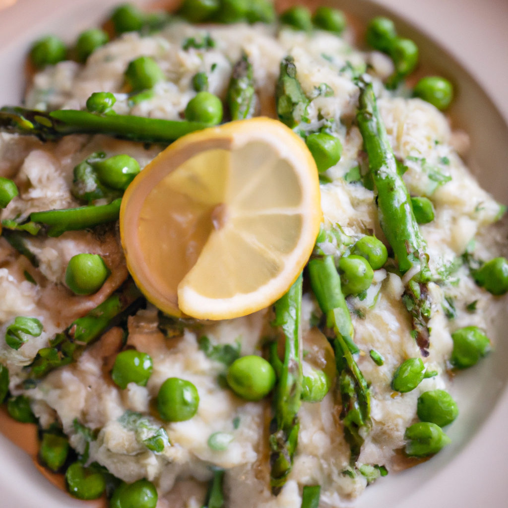 the essence of spring in a vibrant image of a creamy risotto adorned with fresh, vibrant green peas, delicate asparagus spears, and aromatic herbs, all garnished with a sprinkle of lemon zest