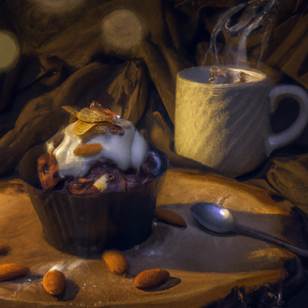 An image of a steamy mug, filled with a moist chocolate cake, topped with a dollop of creamy vanilla ice cream, adorned with a sprinkling of crushed almonds, against a backdrop of cozy ambiance