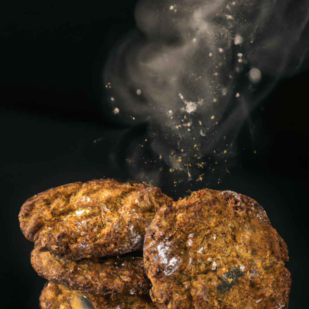 An image showcasing a stack of golden-brown Anzac biscuits, their crumbly texture evident, adorned with toasted coconut flakes on top, and a delicate wisp of steam rising enticingly