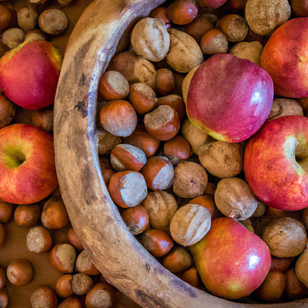 An image showcasing a rustic wooden bowl overflowing with a vibrant medley of freshly picked apples and an assortment of nuts, artfully arranged with their earthy textures and colors complementing each other in a delightful harmony