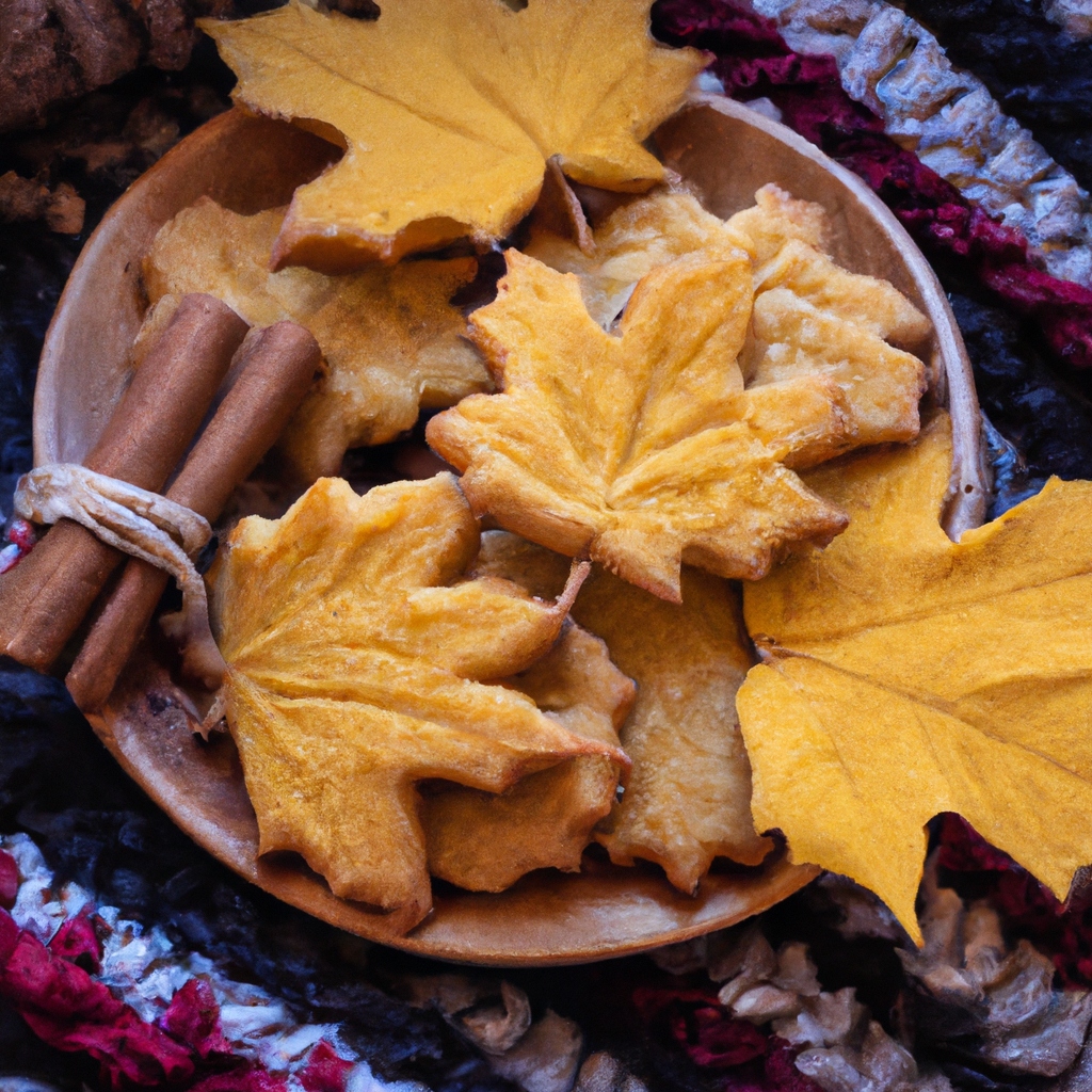 An image showcasing a batch of golden-brown maple leaf-shaped cookies, delicately adorned with intricate veins and vibrant autumn hues