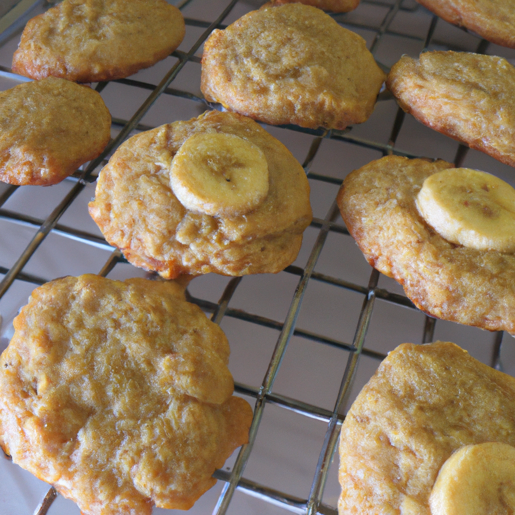 An image showcasing freshly baked banana and oat cookies cooling on a wire rack