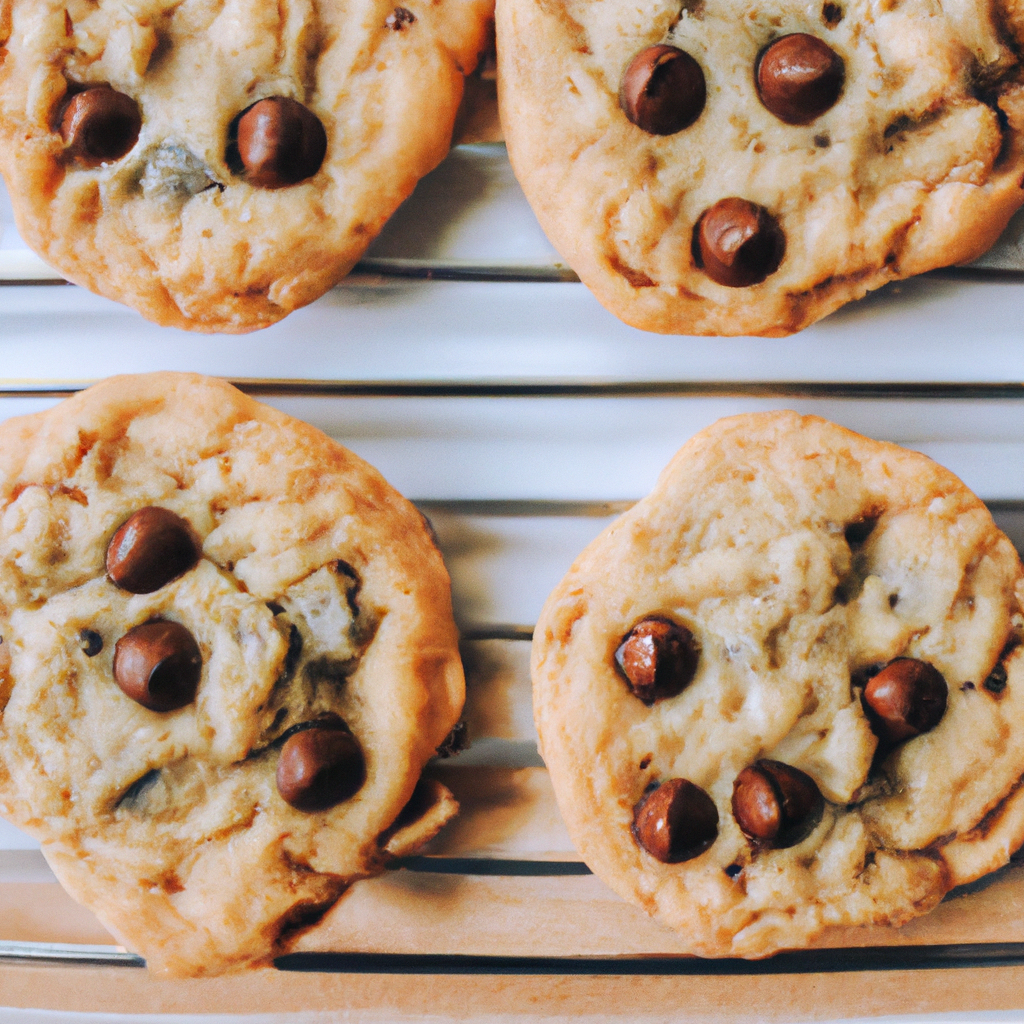 An image showcasing a perfectly golden batch of homemade chocolate chip cookies fresh out of the oven, with a tempting aroma wafting through the air, chocolate chunks glistening, and a soft, chewy texture that promises pure indulgence