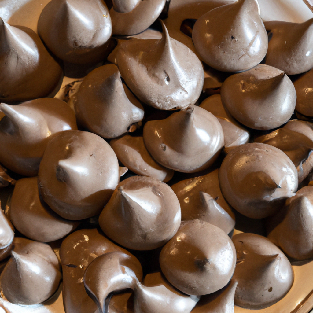 An image showcasing a platter of delicate bittersweet chocolate meringues; their glossy, crisp exteriors glisten under a soft, natural light, revealing a melt-in-your-mouth texture and rich, dark chocolate color
