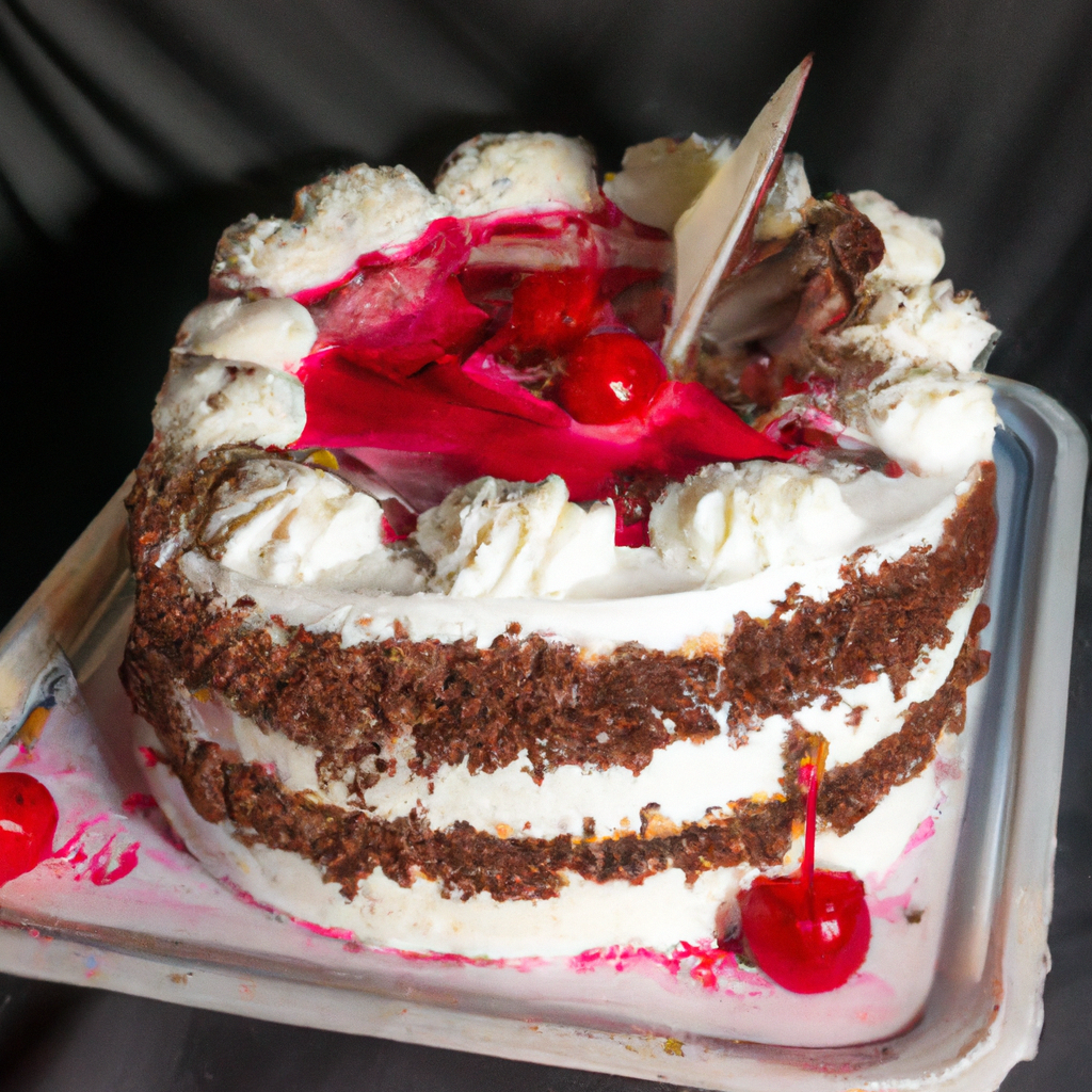 An image capturing the decadence of a Black Forest Cake: a rich, chocolate sponge layered with velvety whipped cream, adorned with cherries, and finished with delicate chocolate shavings