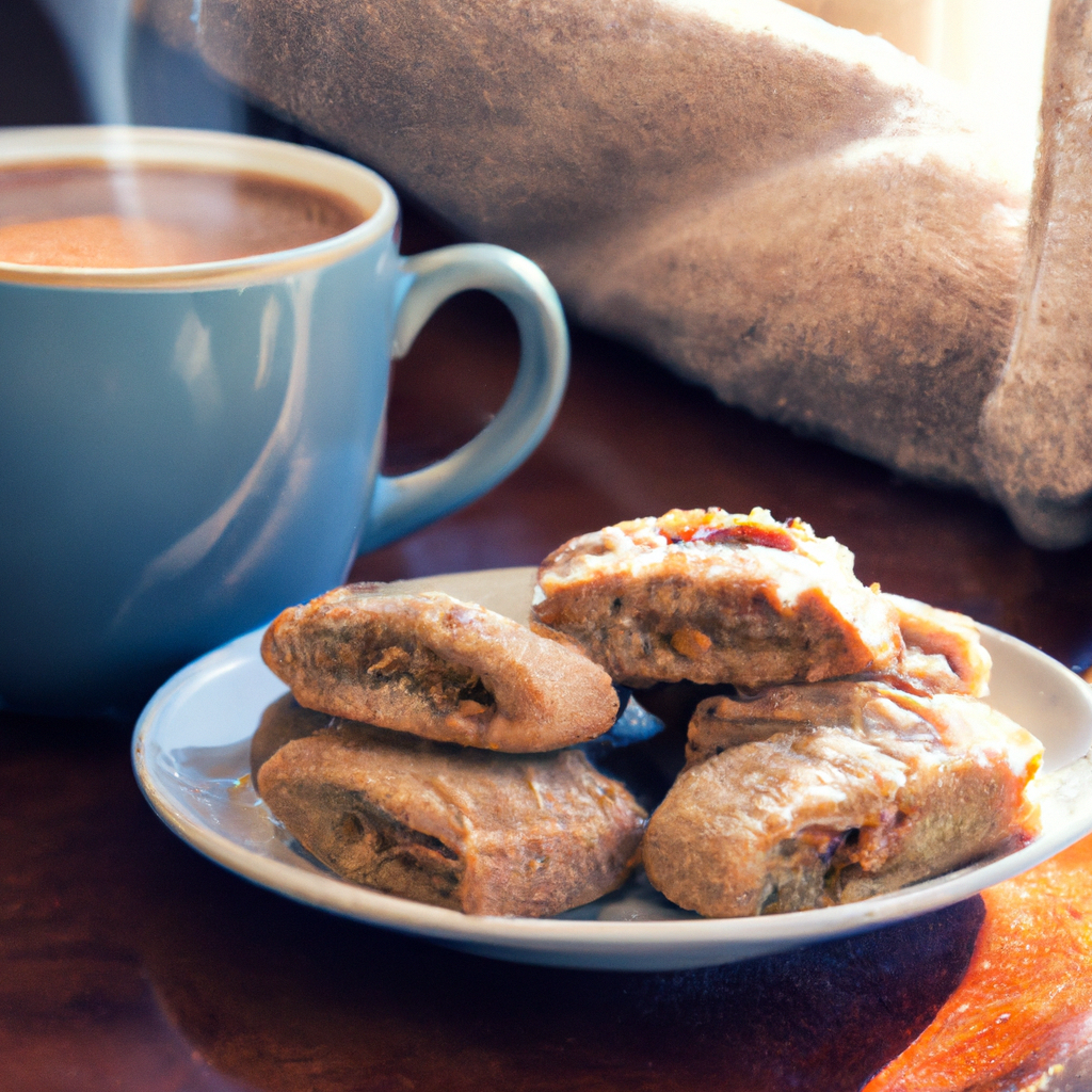 An image capturing a cozy breakfast scene: a plate of freshly baked fig and nut cookies, golden and crumbly, nestled beside a steaming cup of coffee, surrounded by a soft morning light filtering through a window