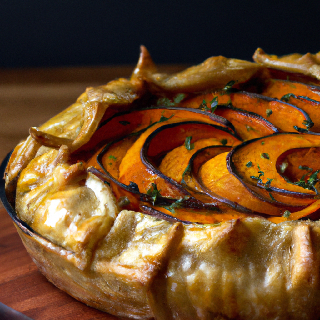 An image capturing the essence of a golden, flaky galette filled with velvety butternut squash, adorned with caramelized onions oozing with sweetness, and sprinkled with fragrant herbs, all beautifully baked to perfection