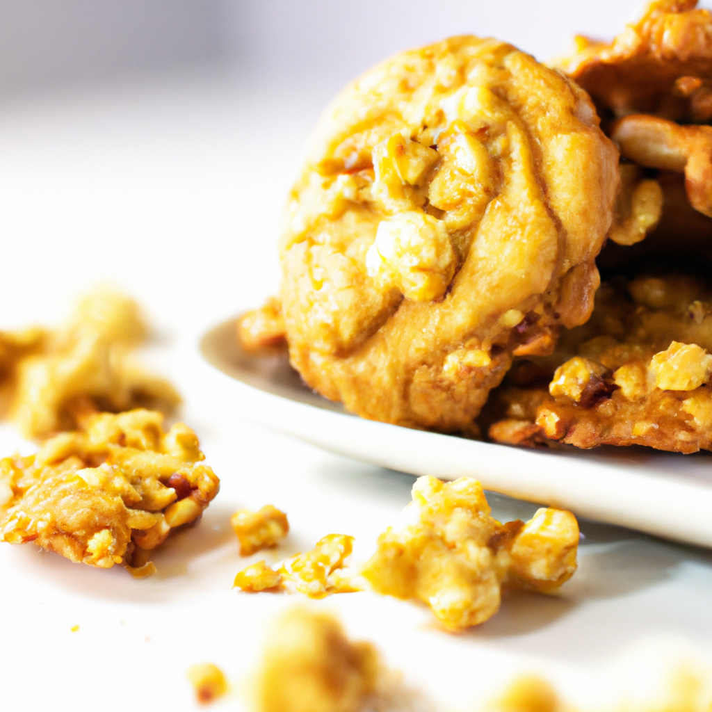 An image showcasing a stack of freshly baked caramel popcorn cookies: golden brown, chewy centers studded with crunchy caramel popcorn, the perfect blend of sweet and salty