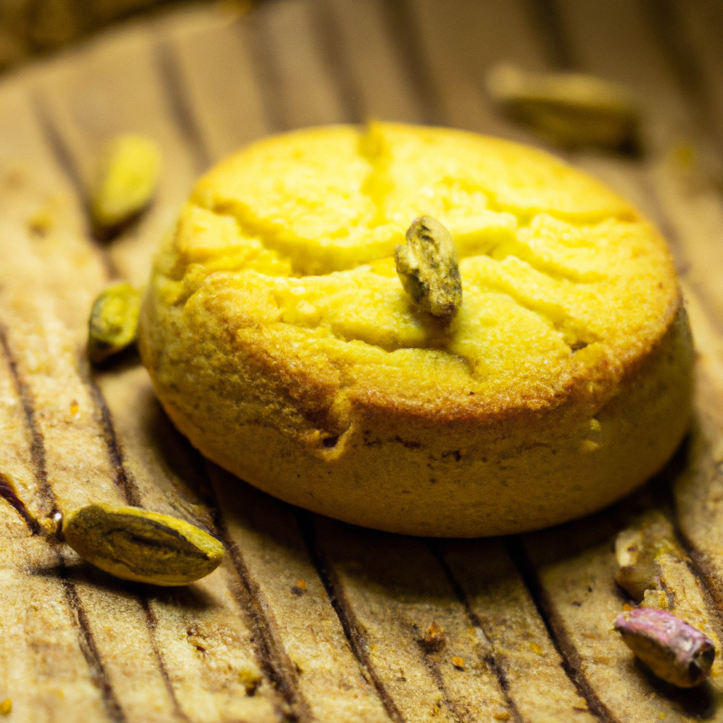An image that showcases the golden-brown texture of a Cardamom Lemon Polenta Cookie, adorned with delicate flecks of lemon zest and infused with aromatic cardamom spice, all nestled on a rustic wooden surface