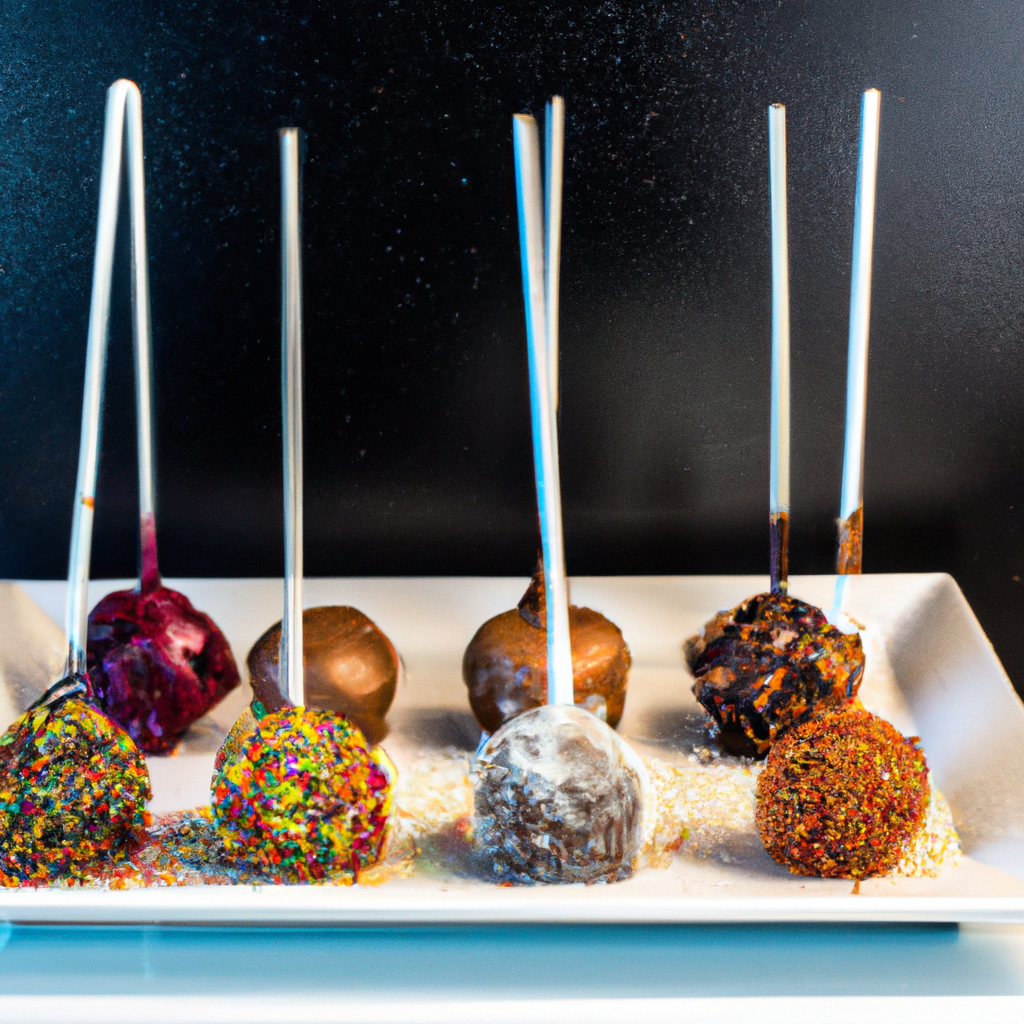An image showcasing a platter of luscious Cheesecake Truffle Pops, with their velvety smooth centers delicately coated in decadent chocolate, adorned with a variety of colorful toppings, and elegantly displayed on a bed of glistening crushed nuts