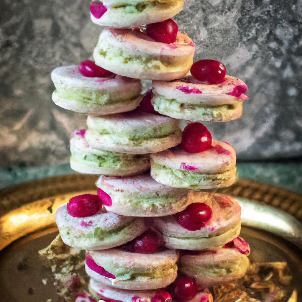 An image showcasing a stack of delicate, crumbly Cherry Pistachio Wedding Cookies adorned with vibrant red cherry chunks and pieces of green pistachios