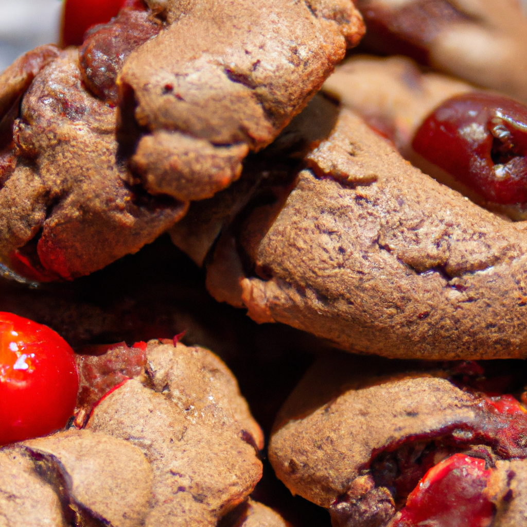 An image showcasing a plate of freshly baked chewy chocolate cherry cookies, their golden edges glistening in the light, with gooey chocolate chunks and vibrant red cherry pieces peeking through