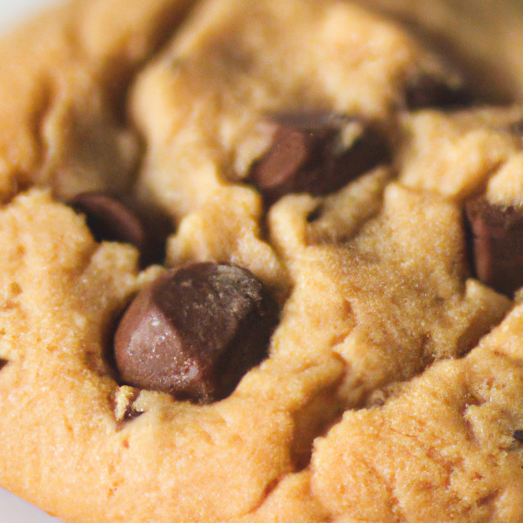 An image that showcases the irresistible charm of a chewy chocolate chip cookie: the golden brown exterior with gooey pockets of melted chocolate, emitting a tantalizing aroma that invites you to take a bite