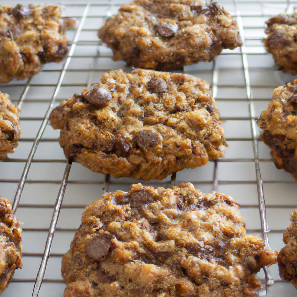An image showcasing golden-brown, chewy chocolate chip oatmeal cookies cooling on a wire rack
