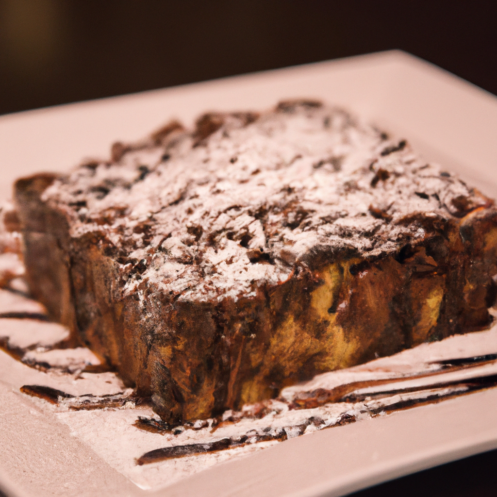 An image showcasing a luscious chocolate bread pudding, its warm and gooey texture oozing with rich, velvety chocolate sauce