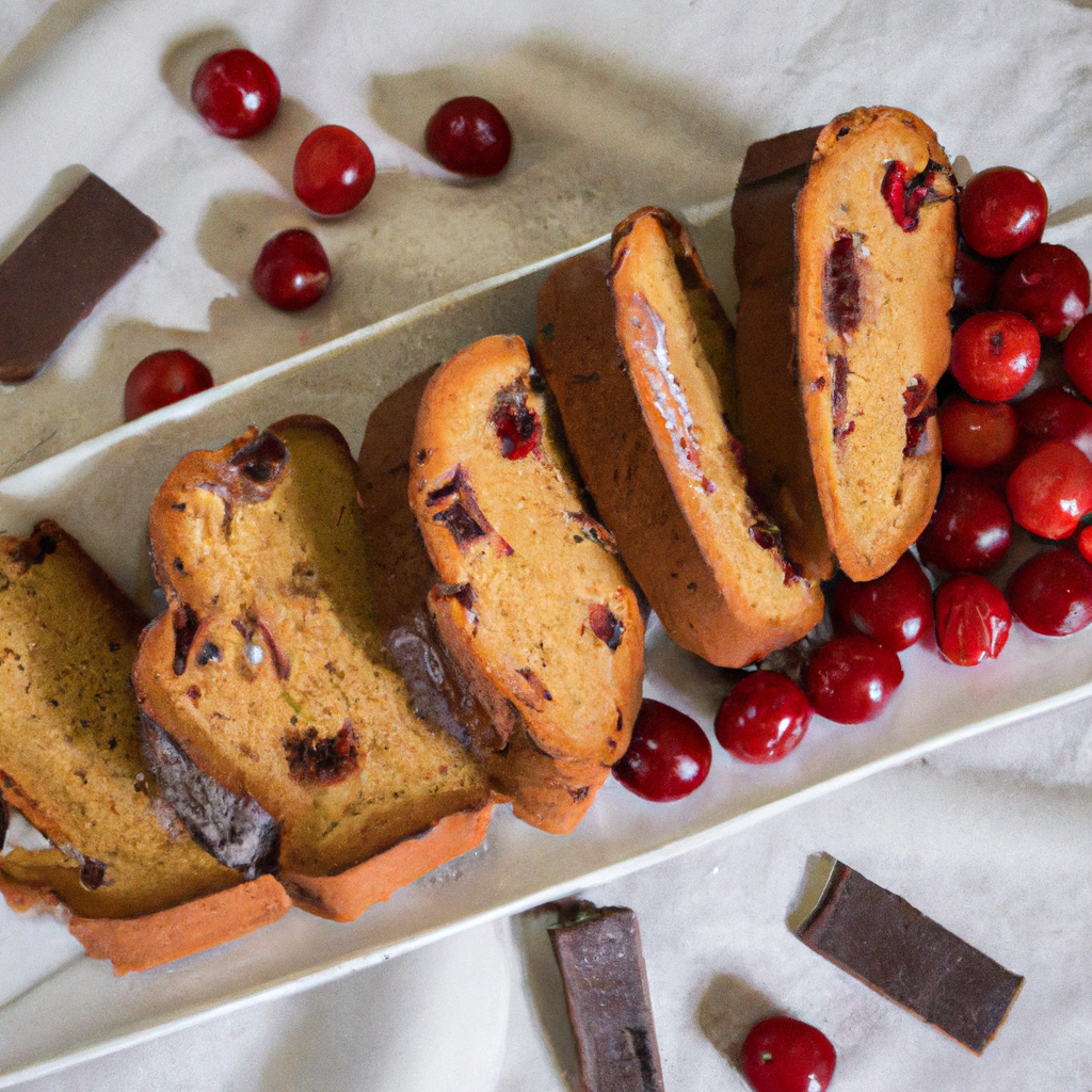 An image that showcases a plate of golden-brown Chocolate Cherry Biscotti