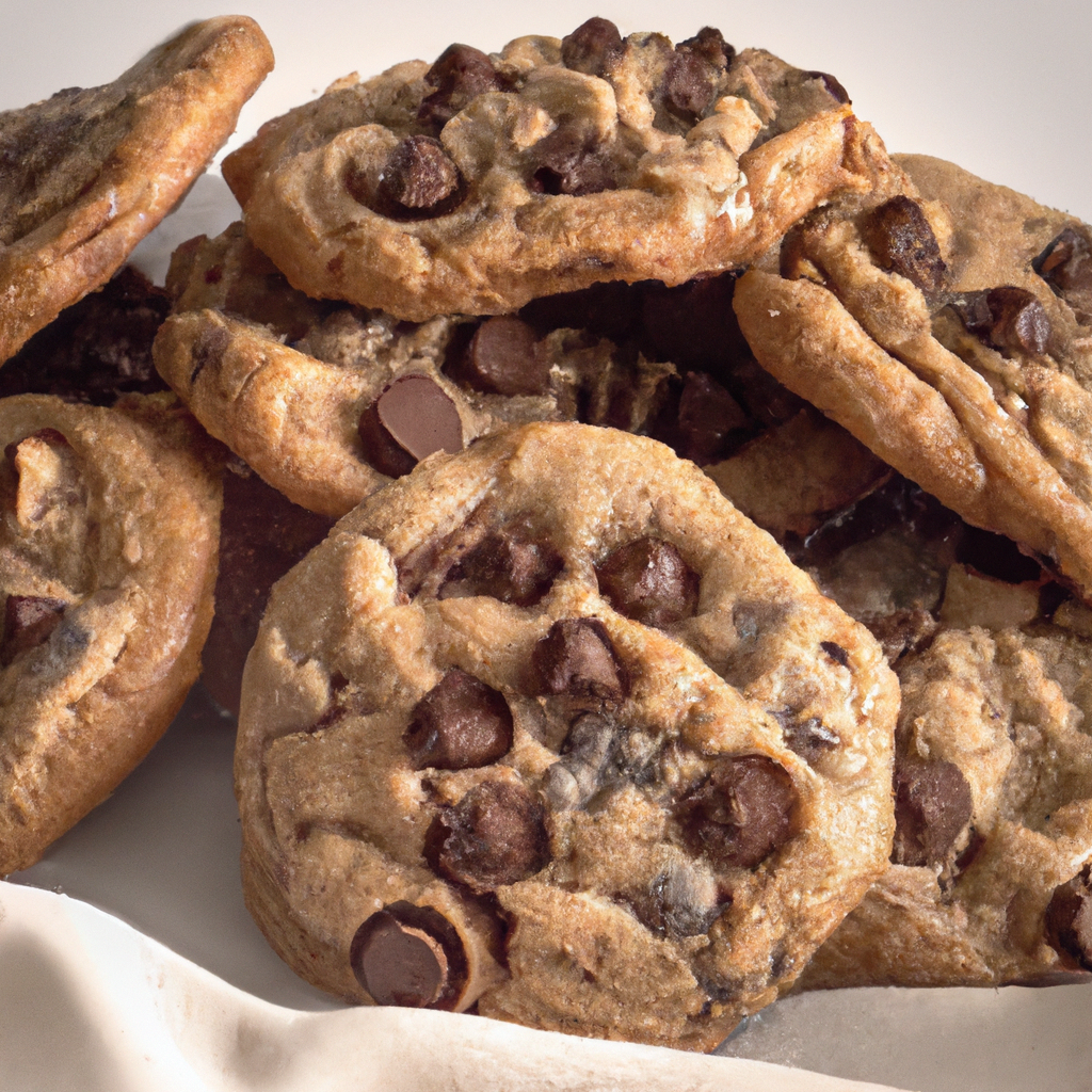 An image featuring a freshly baked batch of chocolate chip cookies, golden brown with slightly crisp edges and a soft, chewy center