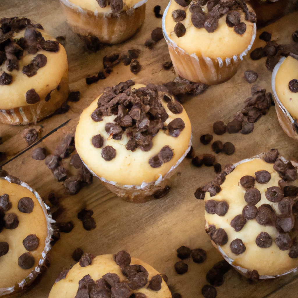 An image showcasing a freshly baked batch of chocolate chip cupcakes, lined up on a rustic wooden tray