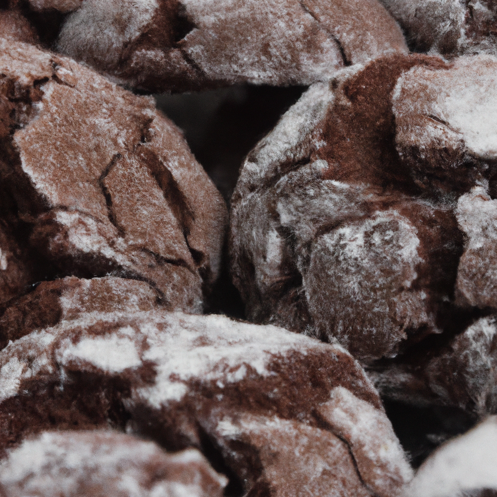 the essence of indulgence with a close-up shot of freshly baked chocolate crinkles, their rich, fudgy centers peeking through a delicate, cracked surface