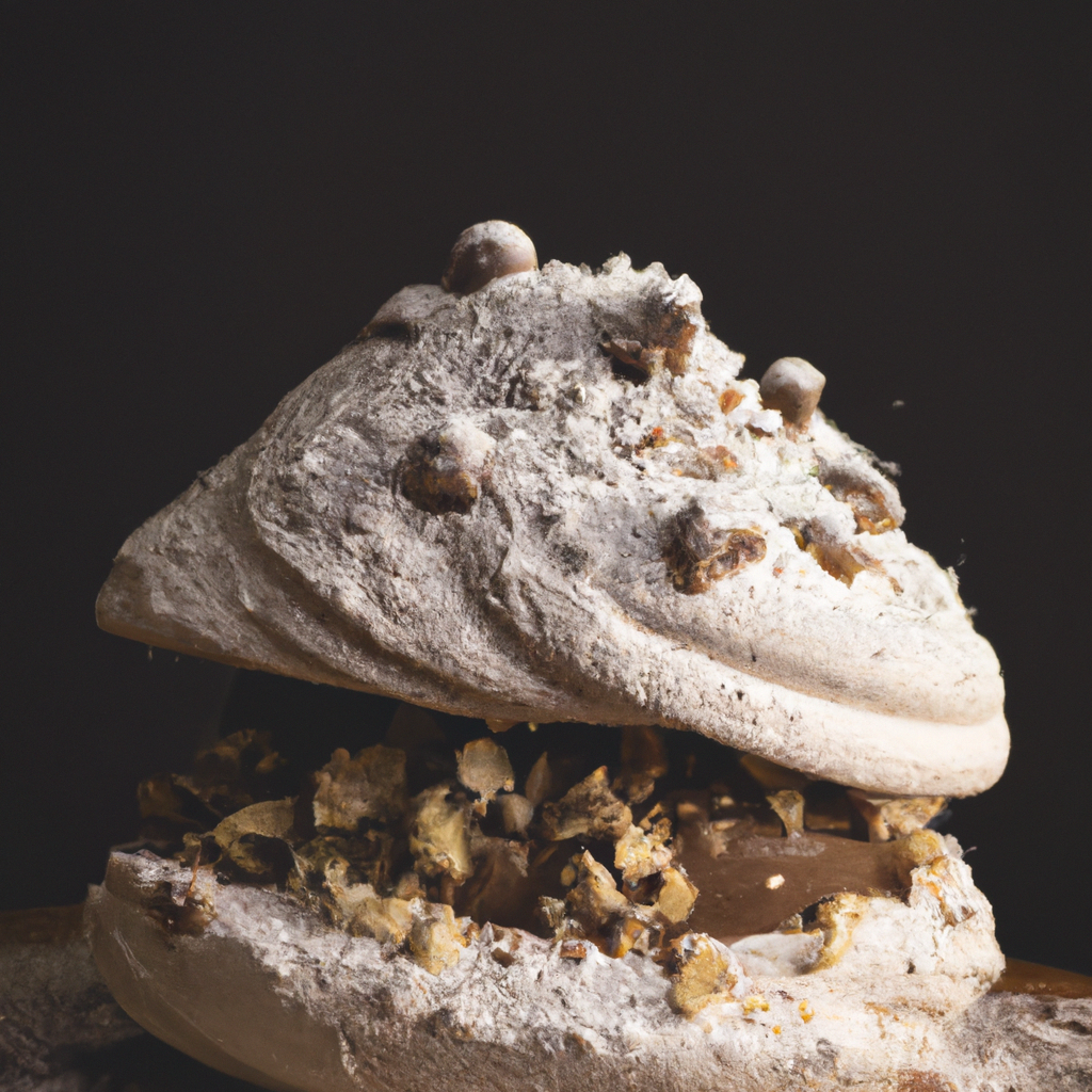 An image showcasing a delicate, golden-brown meringue nest, filled with luscious chocolate hazelnut cream, adorned with crushed hazelnuts and dusted with a sprinkle of powdered sugar