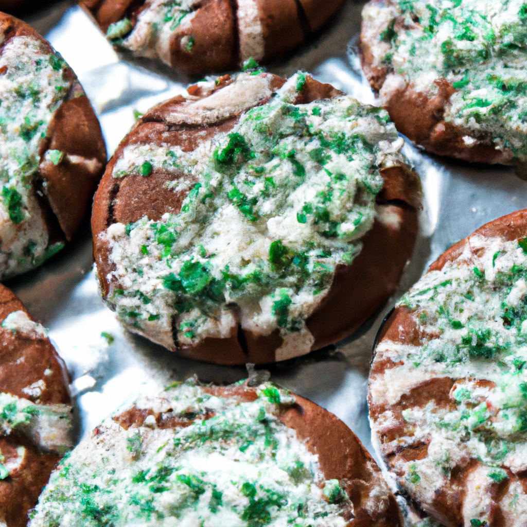An image showcasing a tray of freshly baked chocolate mint candies cookies, their golden edges glistening under a soft light