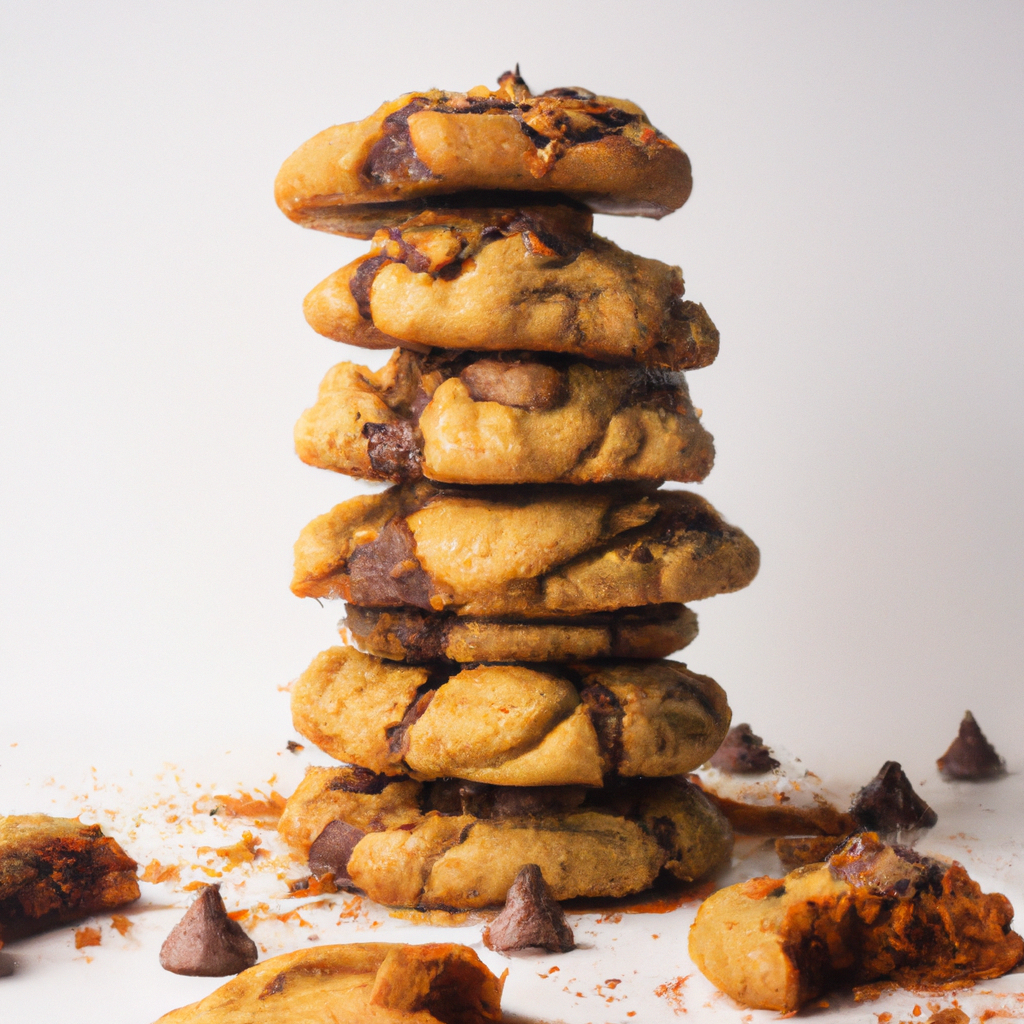 An image that captures the lusciousness of chocolate peanut butter cookies: a stack of freshly baked cookies, oozing with melted chocolate, and adorned with crushed peanuts, surrounded by a scattering of cookie crumbs
