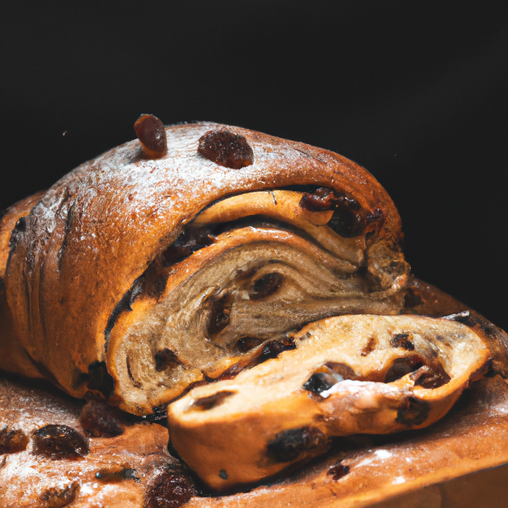 An image that showcases the golden-brown crust of freshly baked cinnamon raisin bread, adorned with plump raisins peeking through the swirls of fragrant cinnamon, evoking warmth and the irresistible aroma of homemade goodness