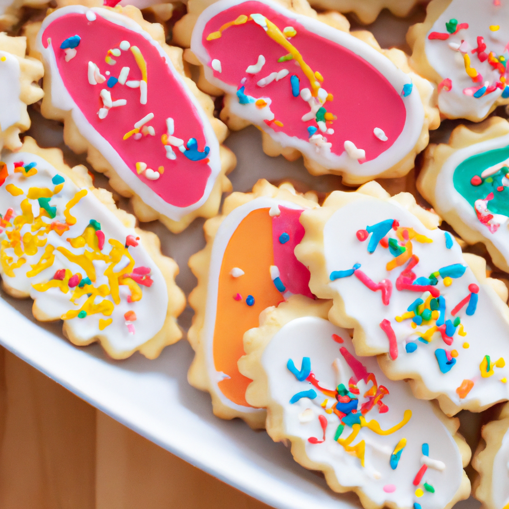 An image showcasing a platter of perfectly baked classic iced sugar cookies, each meticulously decorated with vibrant hues of royal icing, delicate sprinkles, and intricate patterns that exude nostalgia and irresistible sweetness