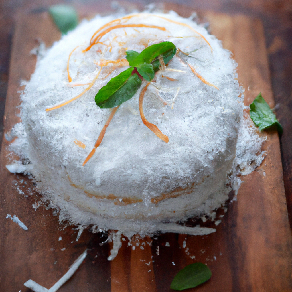 An image of a luscious coconut cake, adorned with creamy white frosting