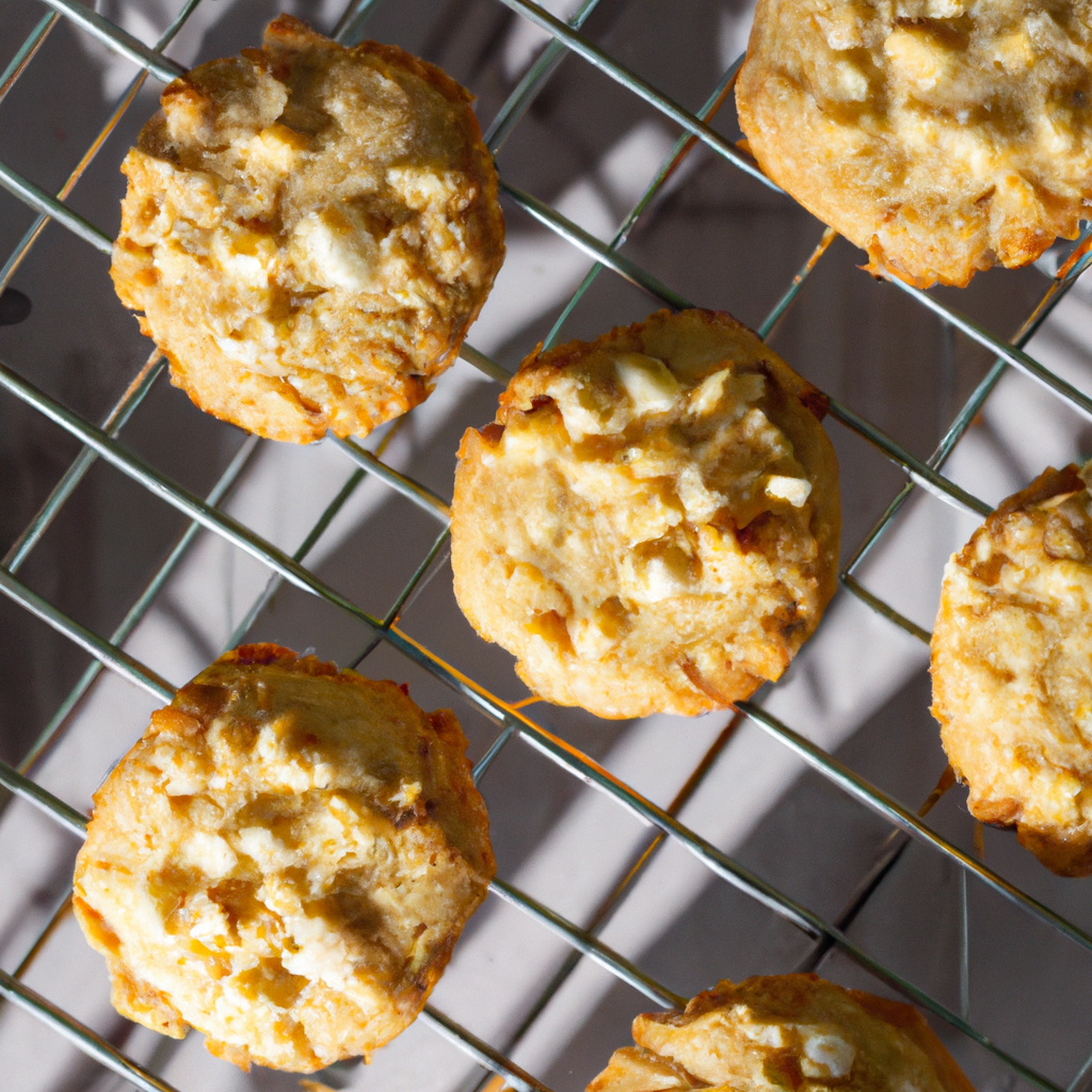 An image of freshly baked coconut macadamia nut cookies cooling on a wire rack, their golden edges glistening in the sunlight, while delicate flakes of toasted coconut and crunchy macadamia nuts adorn their luscious surface