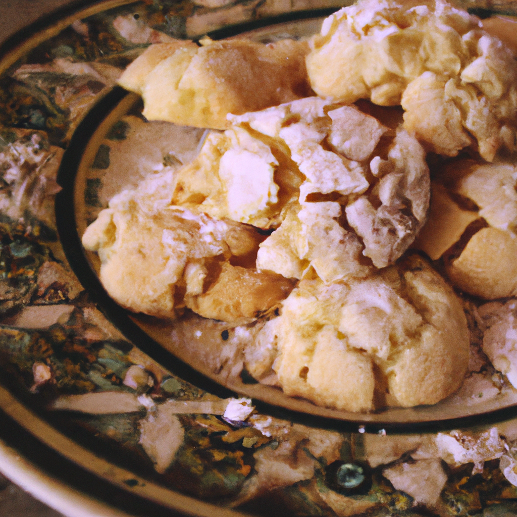Create an image that showcases the irresistible allure of cracked sugar cookies - capture their golden-brown edges, delicate crinkles, and enticing aroma, all on a vintage floral plate surrounded by a sprinkle of powdered sugar