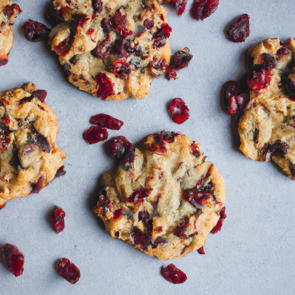 An image showcasing a freshly baked batch of cranberry nut chocolate chip cookies – each cookie golden brown and deliciously soft, dotted with crimson cranberries, rich chocolate chips, and crunchy nut pieces