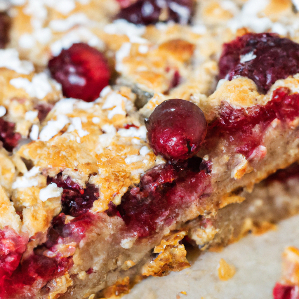 An enticing image of Cranberry Oatmeal Bars by capturing a close-up shot of a golden-brown, crumbly oatmeal crust loaded with vibrant crimson cranberry filling, perfectly complemented by a sprinkle of powdered sugar
